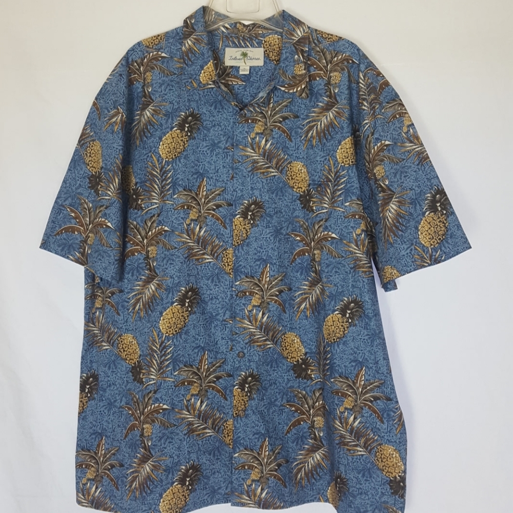 Island Shares Hawaiian Shirt Top SZ XL Yellow Blue